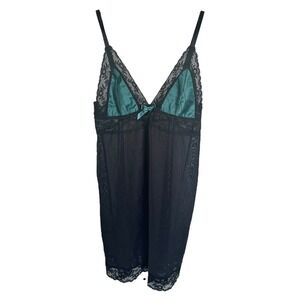 LOVE HAUS Women's Babydoll Sleep Dress Sheer Satin & Lace Size L Black & Green